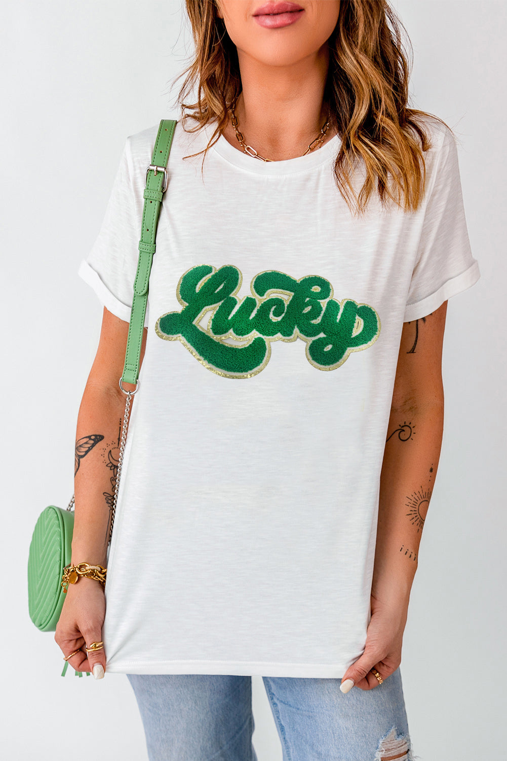 Black St. Patricks Lucky Clover Print O Neck T Shirt