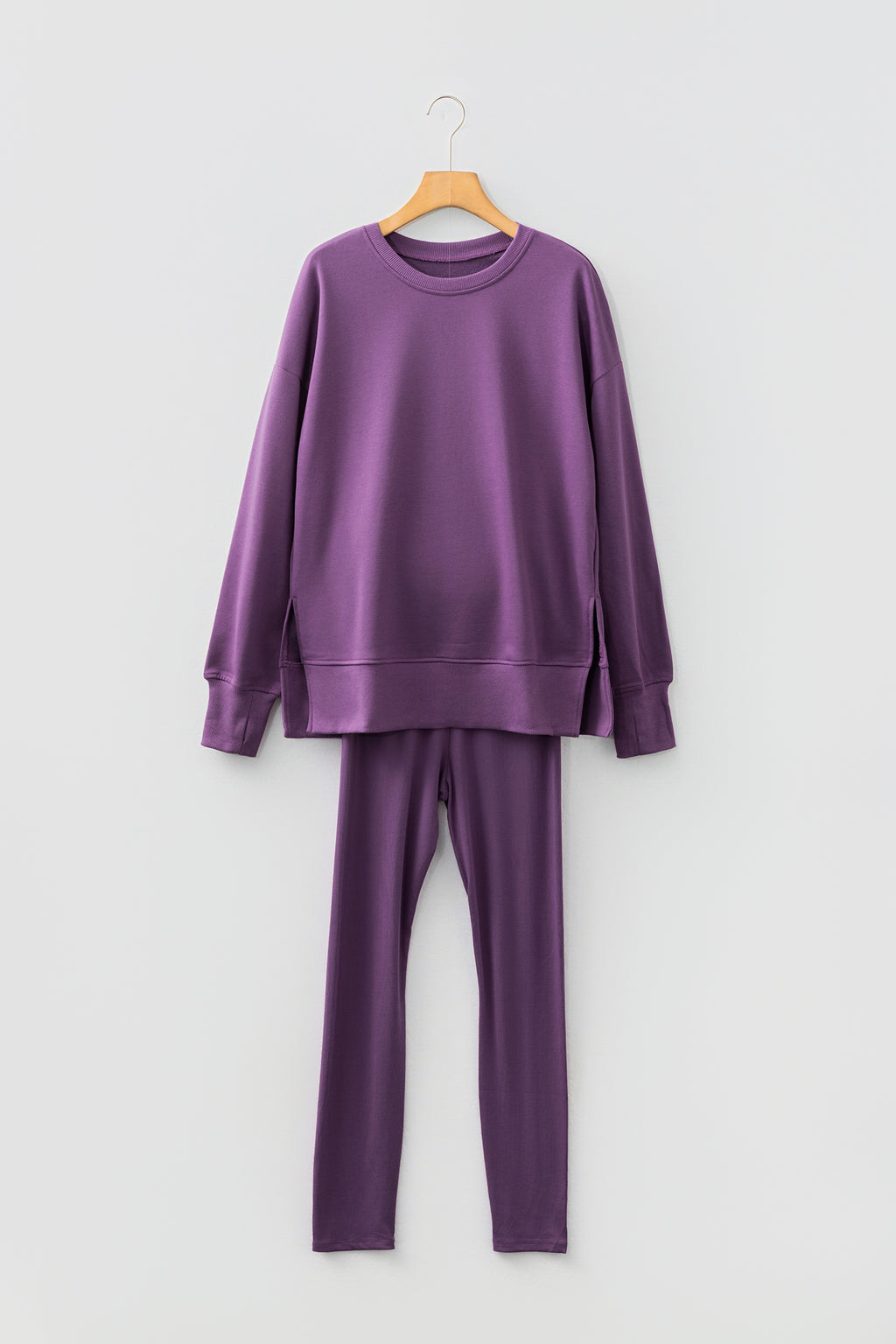 Black Solid Color Oversize Slit Sweatshirt Ribbed Leggings 2pcs Set