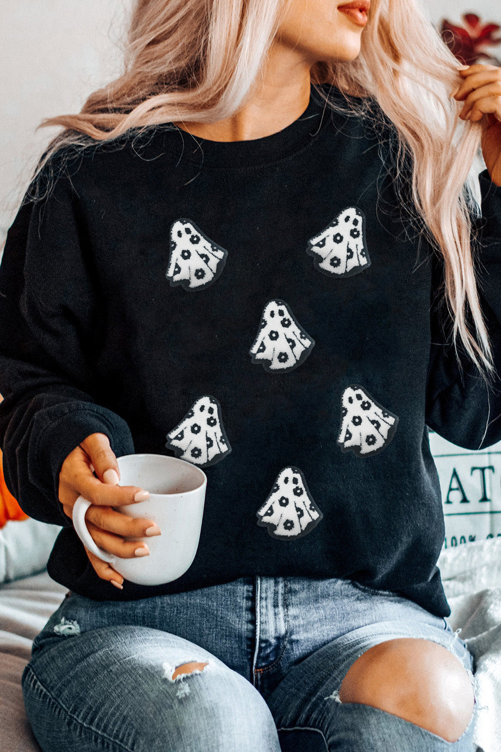 Wisteria Glitter Trim Chenille Ghost Patched Halloween Graphic Tee