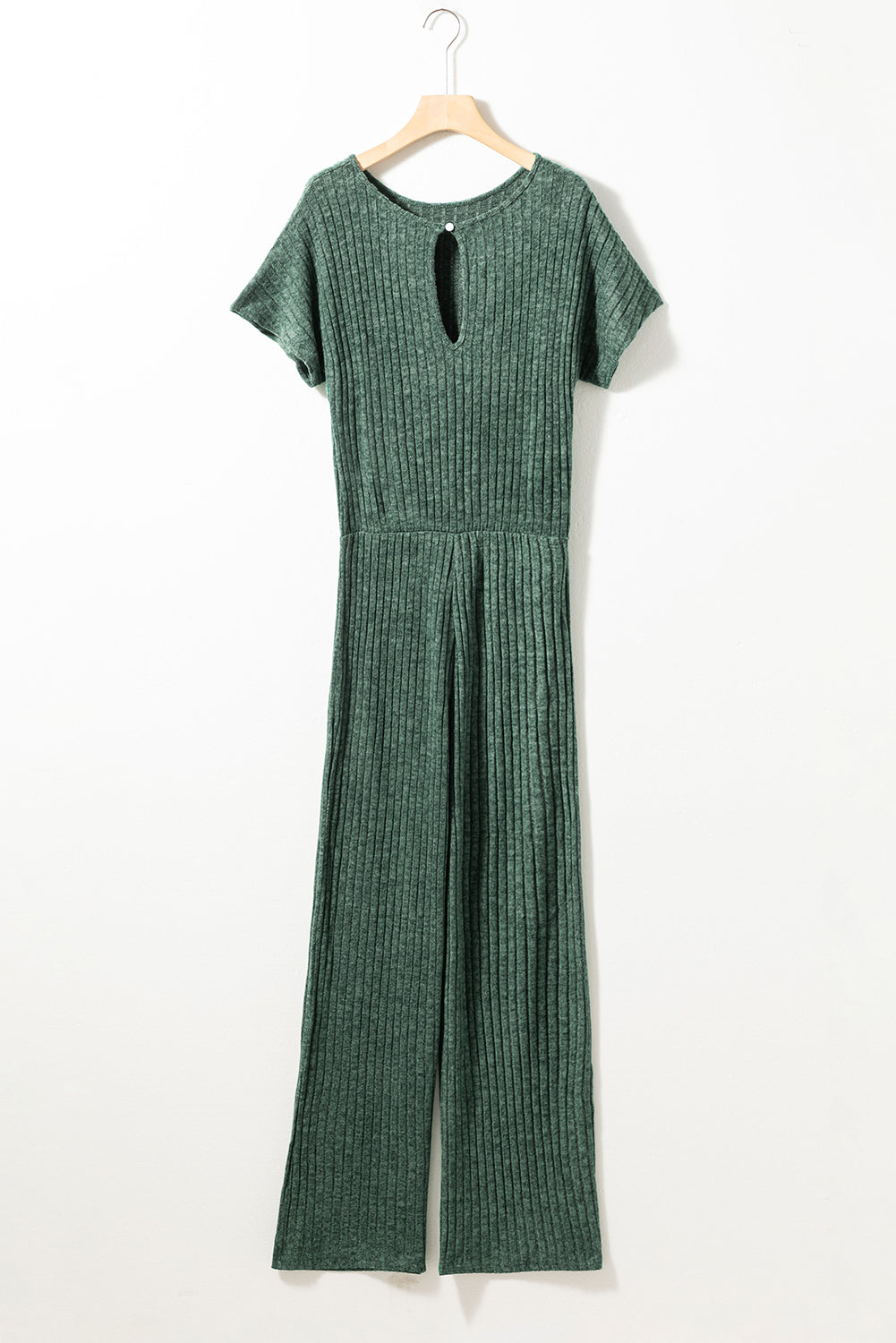 Dark Grey Ribbed Keyhole Short Sleeve Wide Leg Jumpsuit