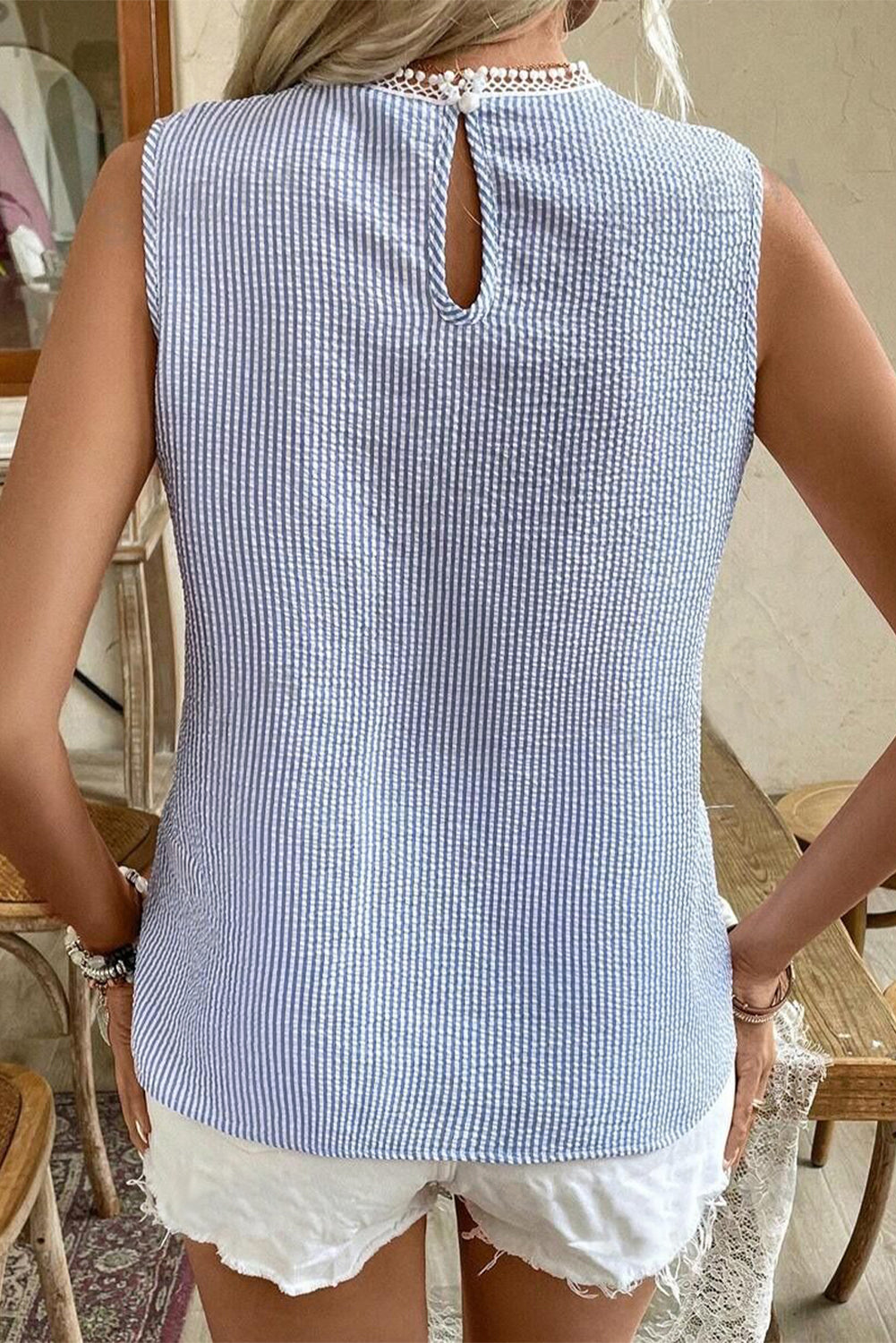 Sky Blue Stripe Floral Lace Splicing Puff Sleeve Blouse