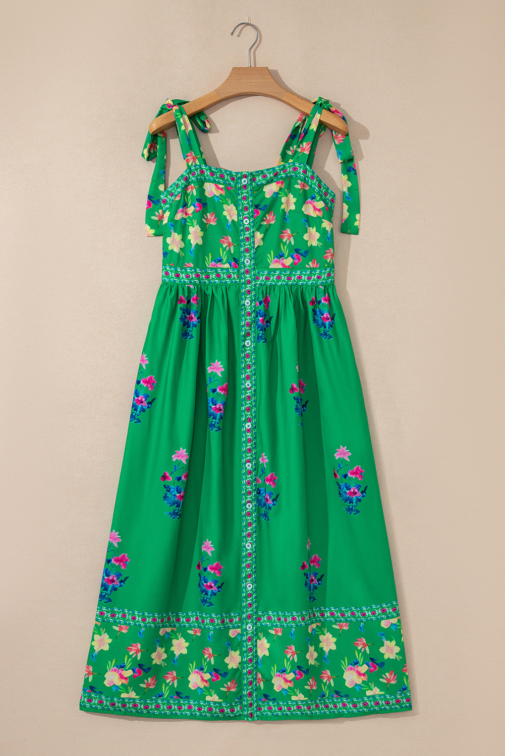 Green Floral Detail Tie Split Neck Short Sleeve Blouse