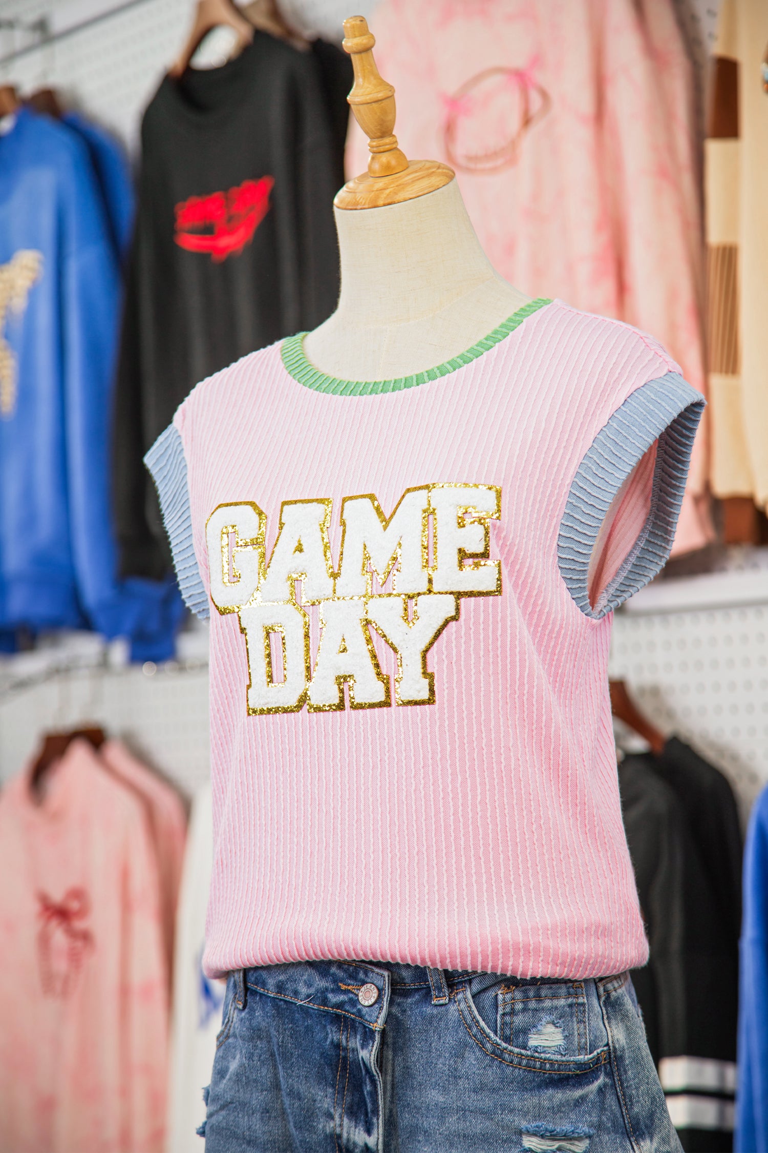 Pink Sequin GAME DAY Graphic Corded Rib Knit Colorblock T Shirt