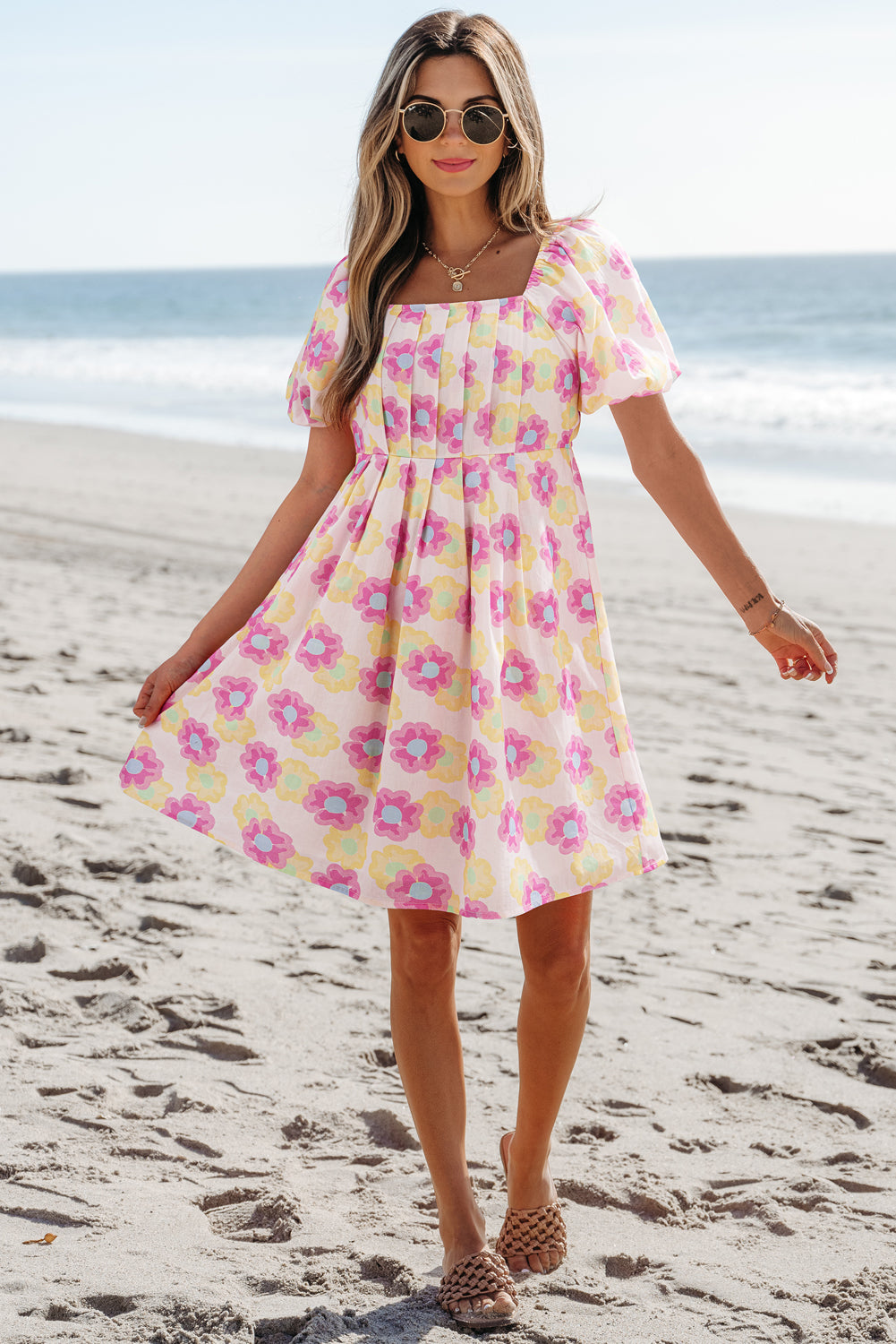 Rose Vibrant Floral Square Neck Puff Sleeve Pleated Flared Midi Dress