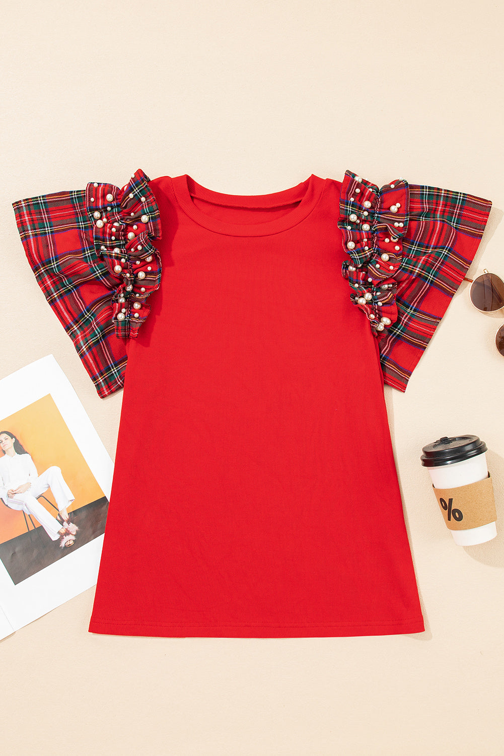 Red Festive Plaid Pearl Embellished Ruffle Short Sleeve Blouse