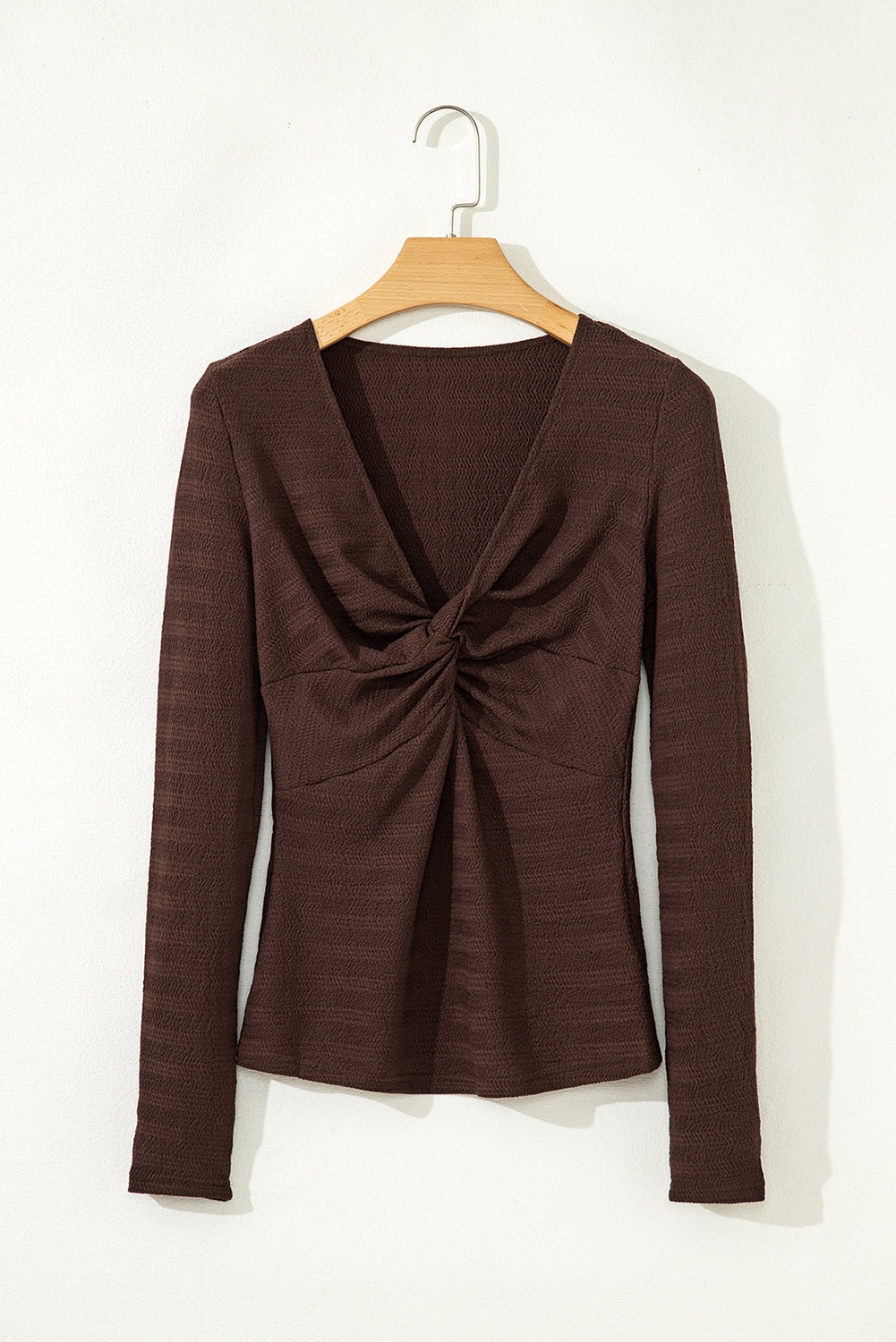 Moonlight Jade Textured Twist Front V Neck Long Sleeve Slim Solid Color Top