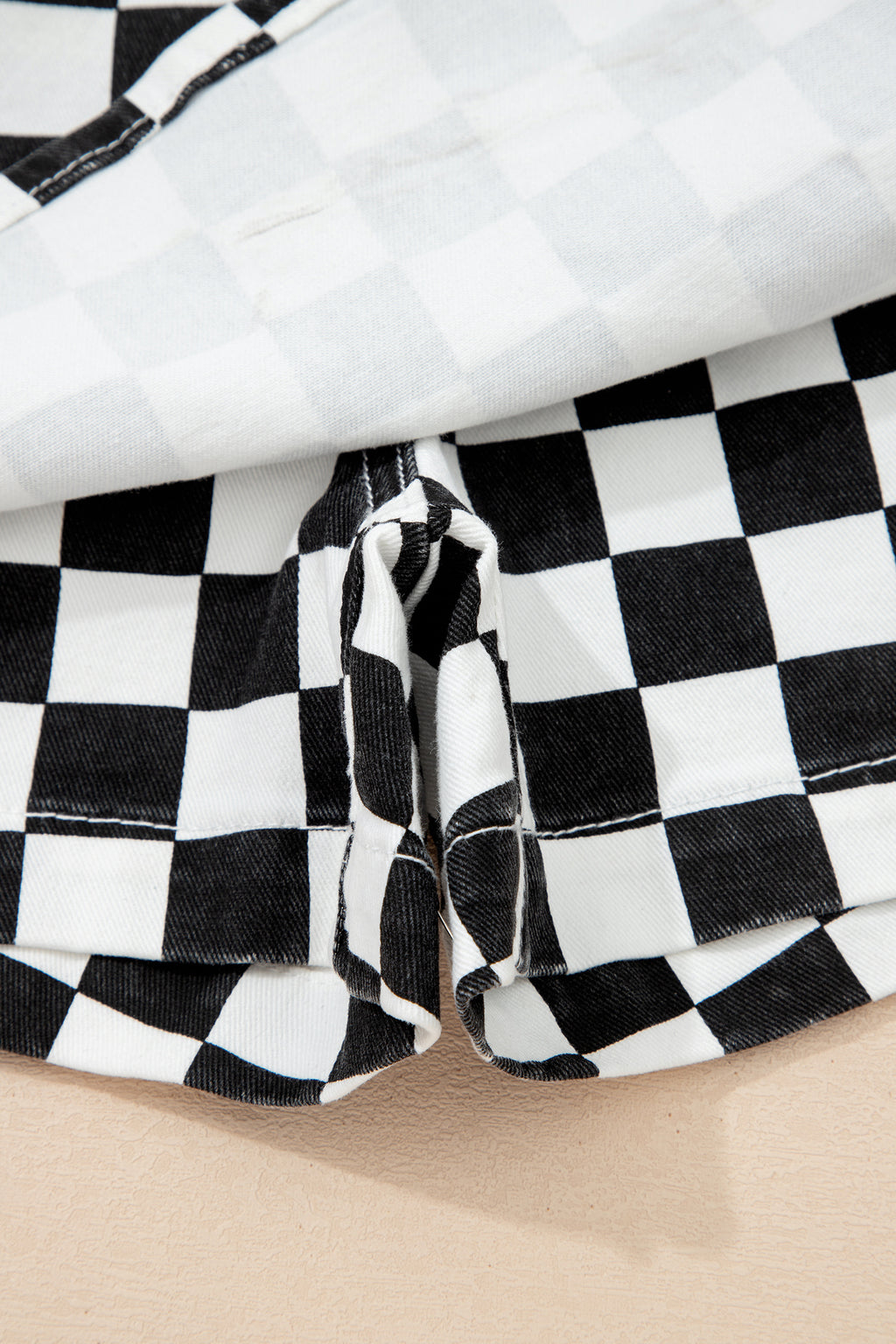 Black Checkered Print Overlap Denim Shorts