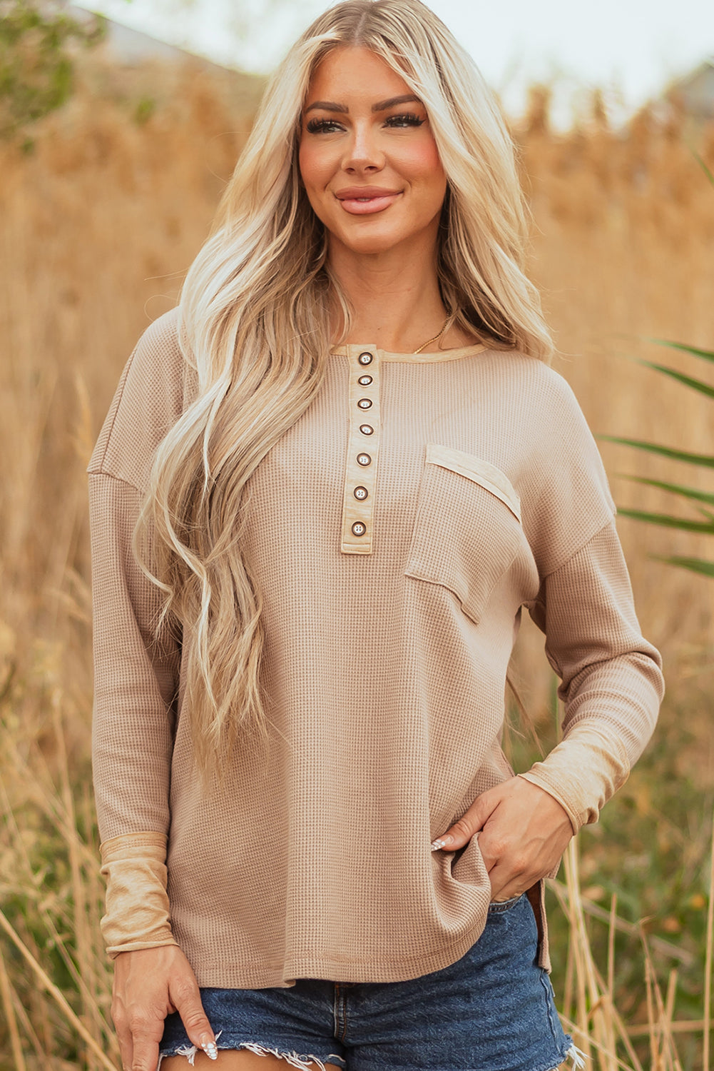 Vineyard Green Color Block Waffle Textured Tunic Henley Top with Slits