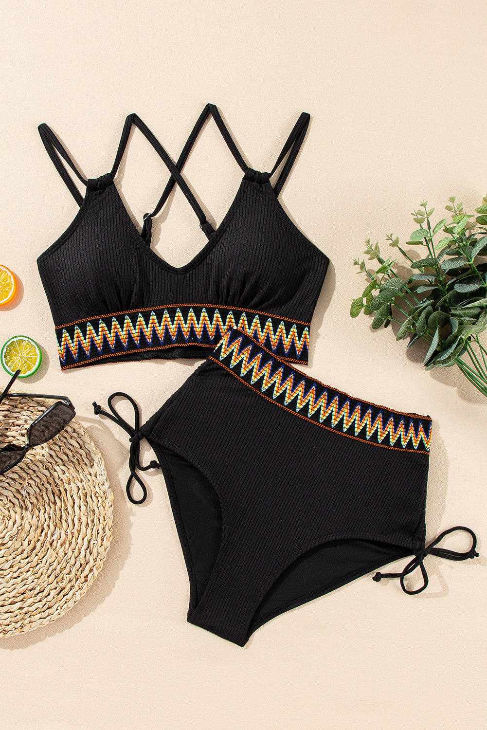 Sky Blue Ribbed Knit Tribal Contrast Detail 2pcs High Waist Swimsuit