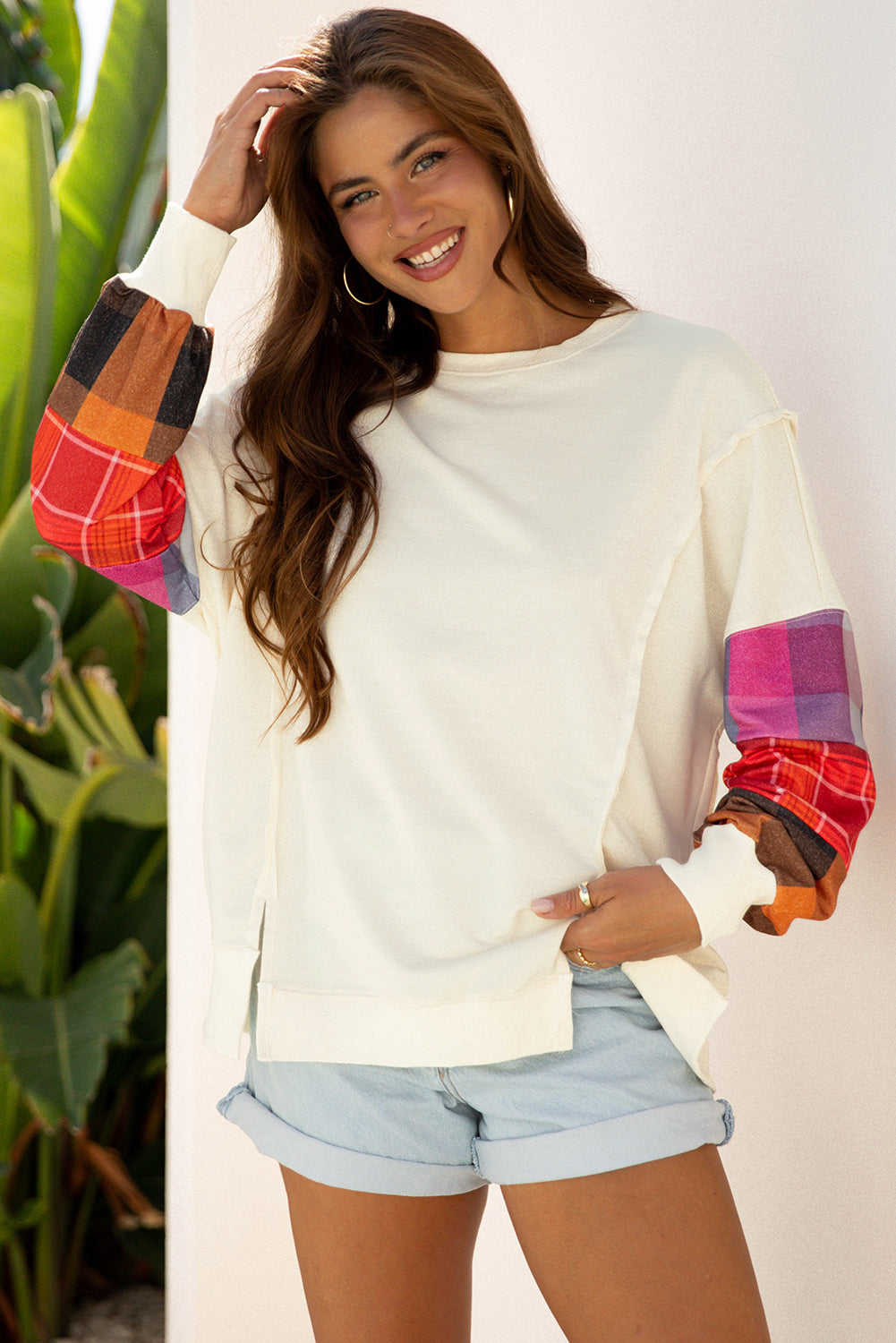 Beige Plus Size Multicolor Plaid Patchwork Sleeve Pullover Top
