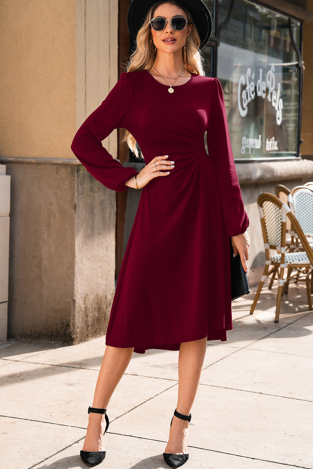 Fiery Red Solid Color Ruched Detail Long Sleeve Midi Dress