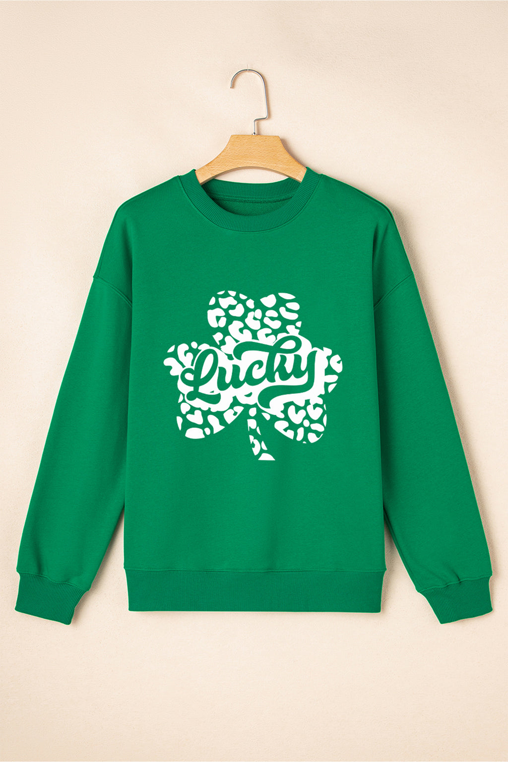 Dark Green Lucky Leopard Clover Dropped Shoulder Sweatshirt