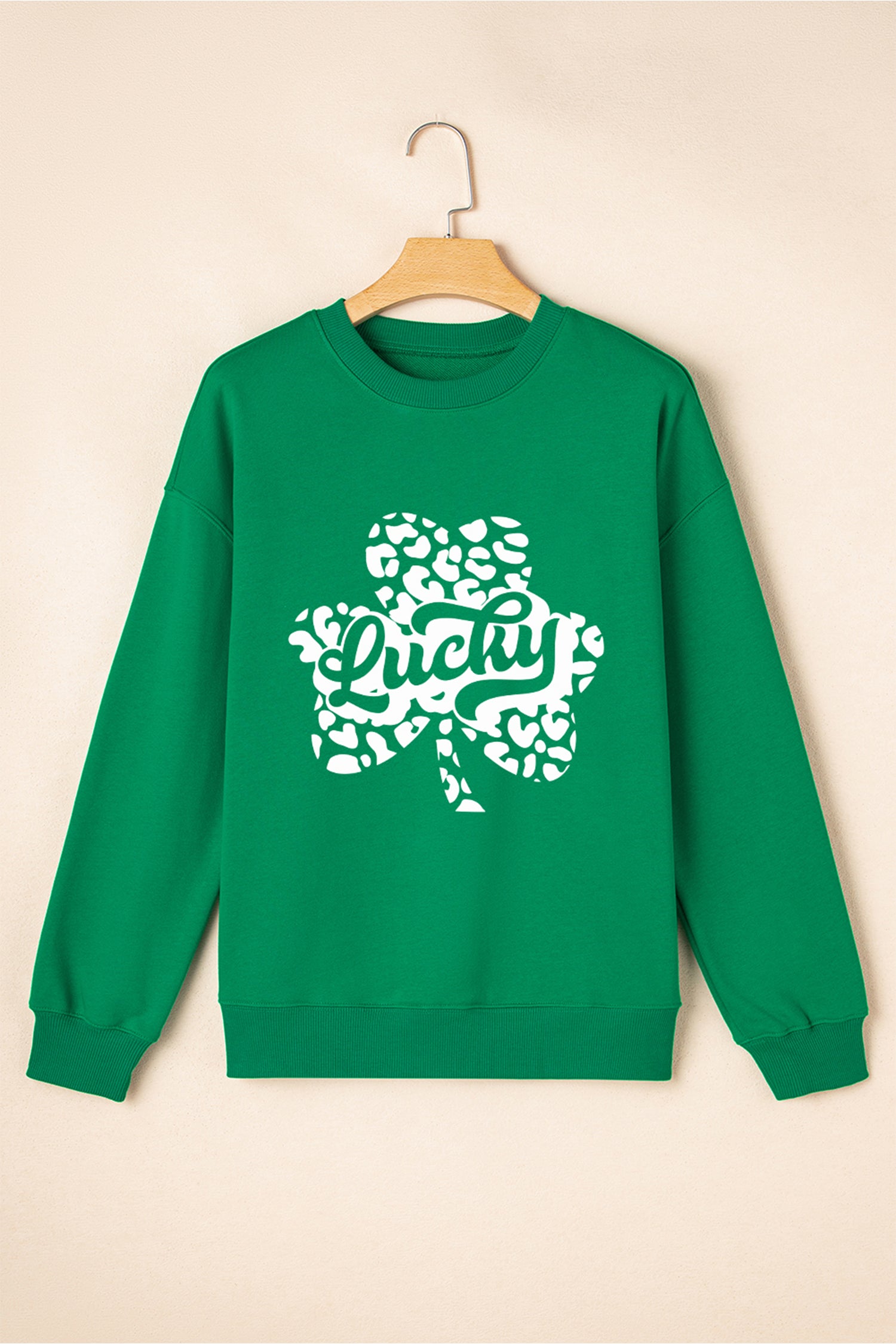 Dark Green Lucky Leopard Clover Dropped Shoulder Sweatshirt