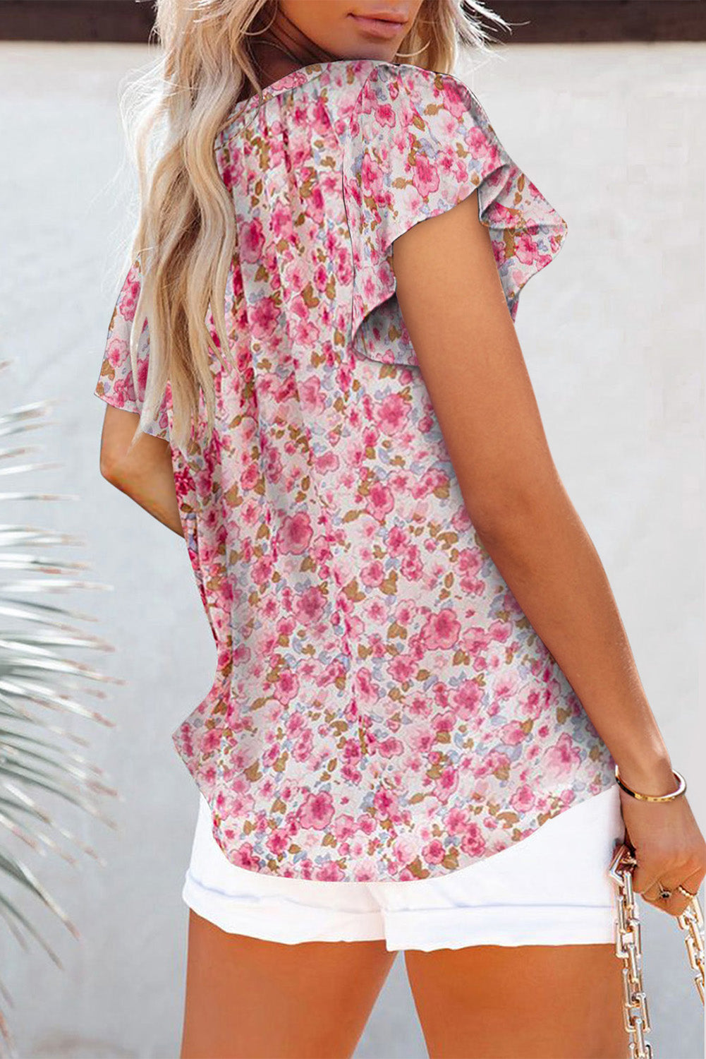 Blue Flutter Sleeve V Neck Floral Summer Blouse