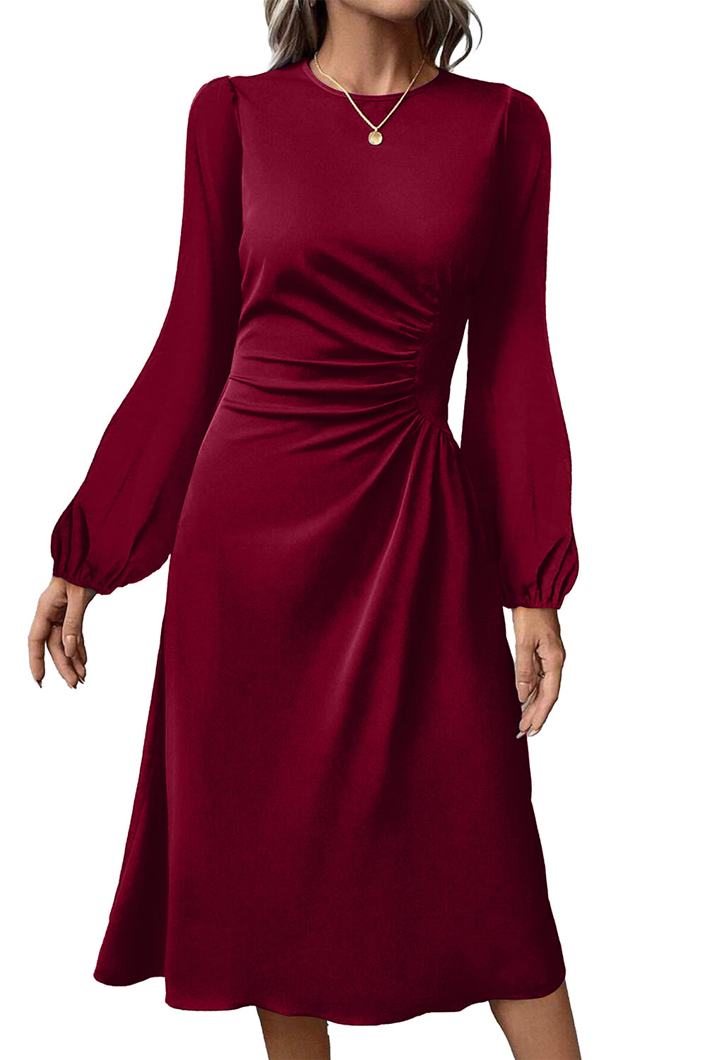 Fiery Red Solid Color Ruched Detail Long Sleeve Midi Dress