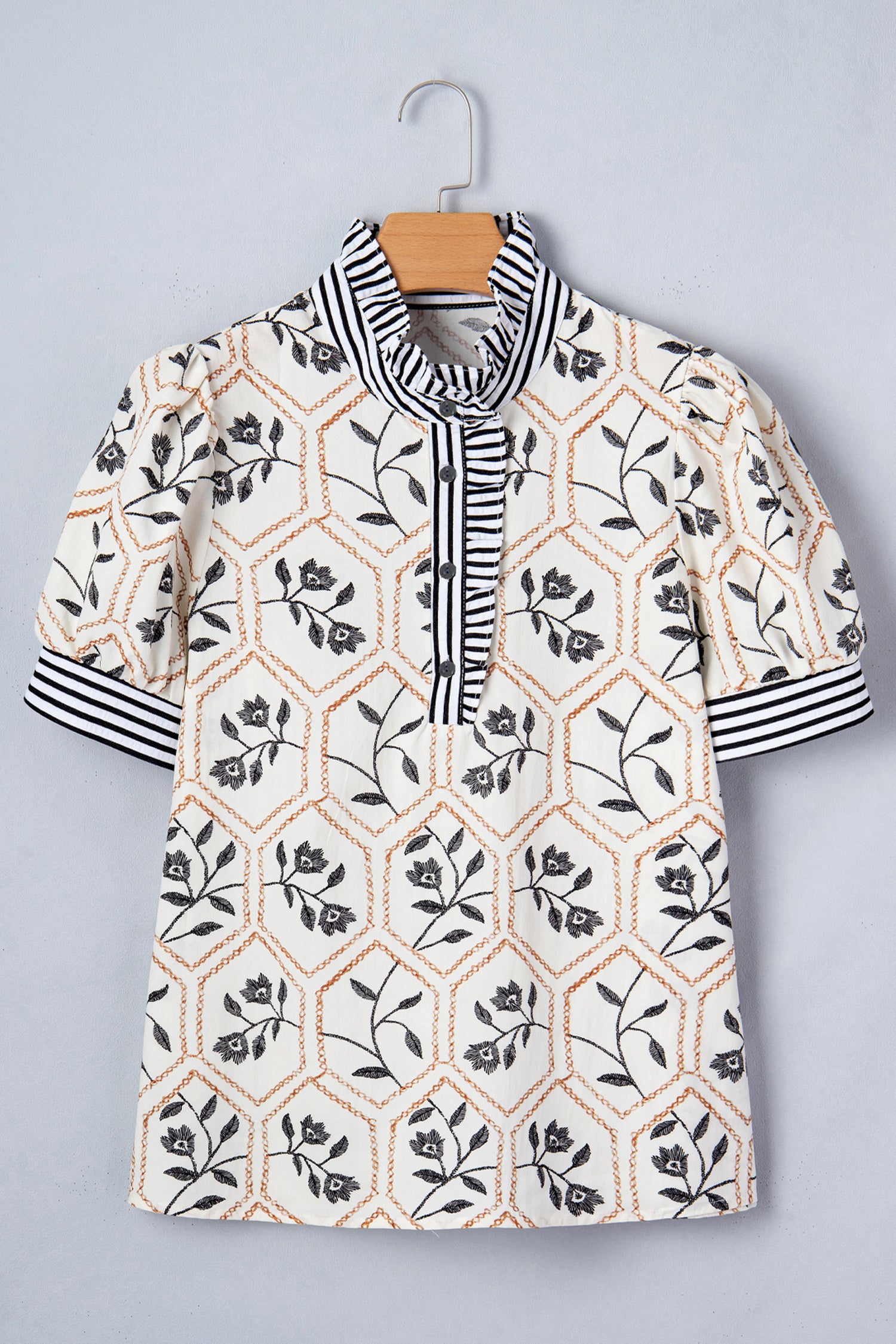 Blue Geometric Floral Print Lace Trim Collared Short Sleeve Mini Dress