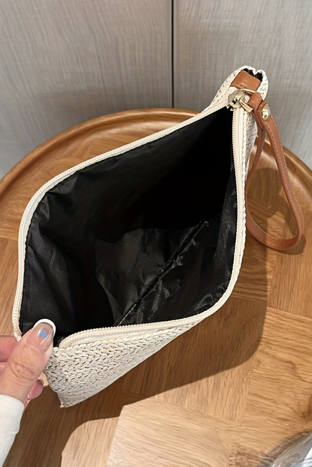 Oatmeal Straw Woven Wrist Strap Zipper Large Wallet
