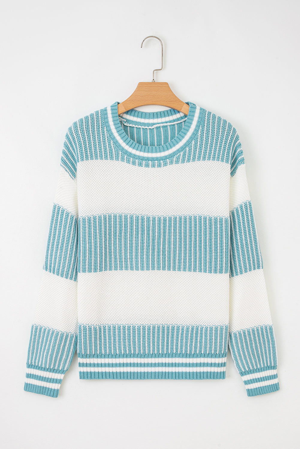 Khaki Two Tone Striped Patchwork Drop Shoulder Loose Sweater