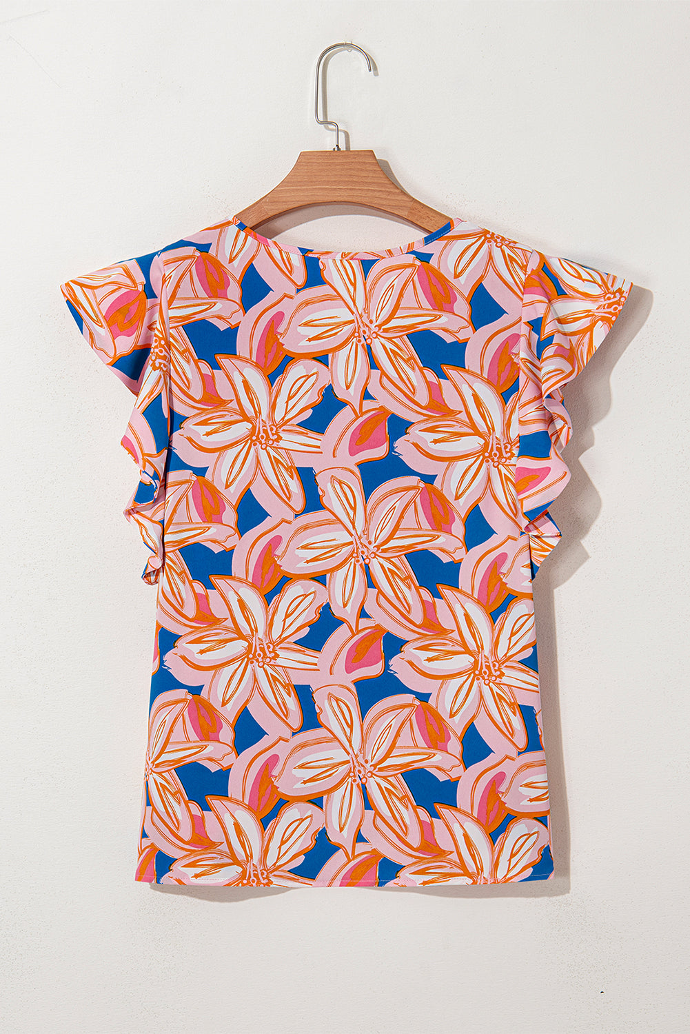 Orange Summer Flower Print Notched Neck Ruffle Sleeve Blouse