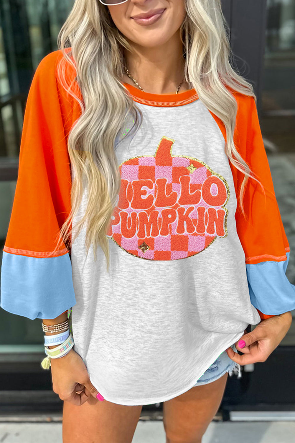 Light Grey Color Block Raglan Sleeve Contrast Stitching Loose Fit Top