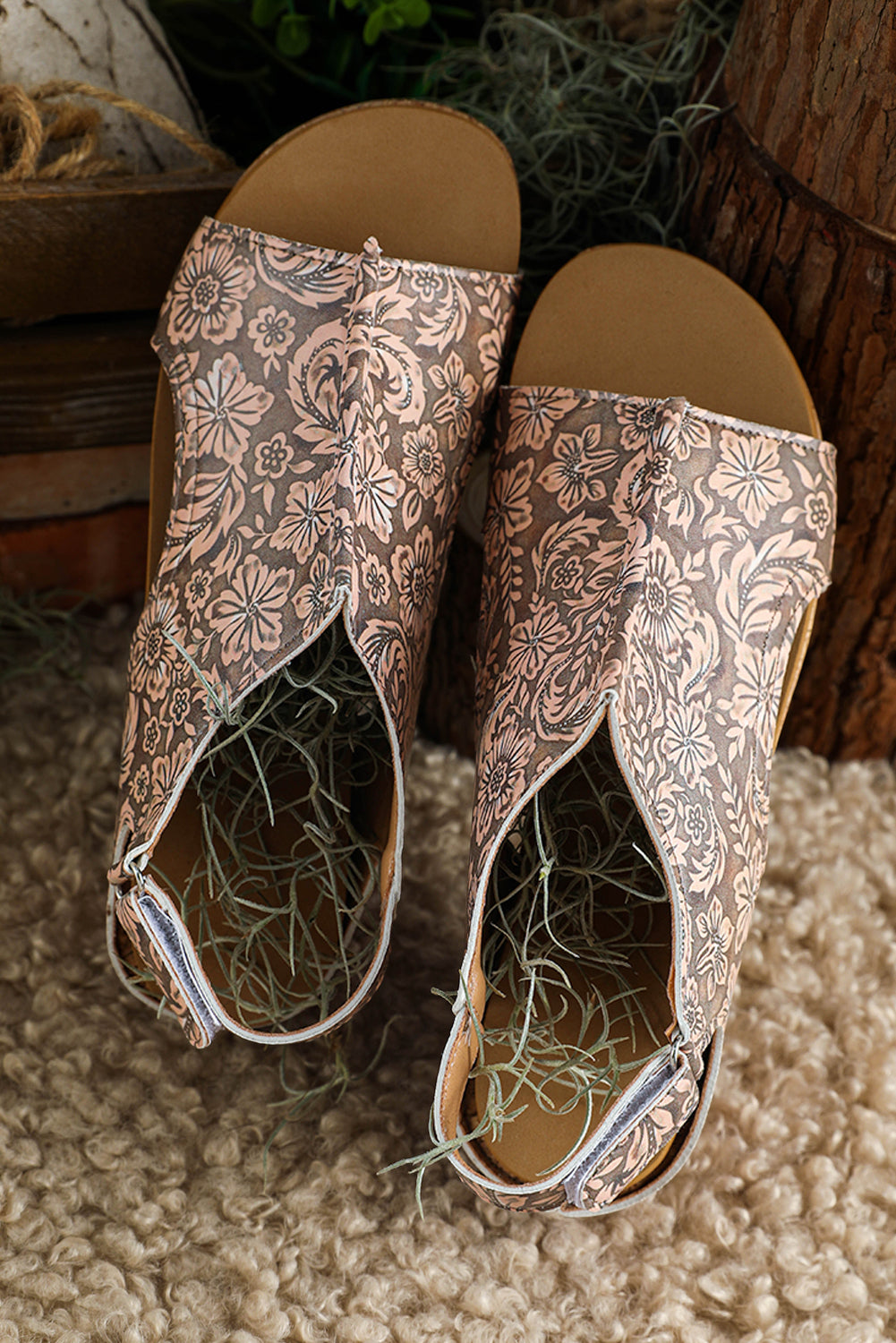 Light French Beige Floral Print Hollowed Strappy Wedged Sandals