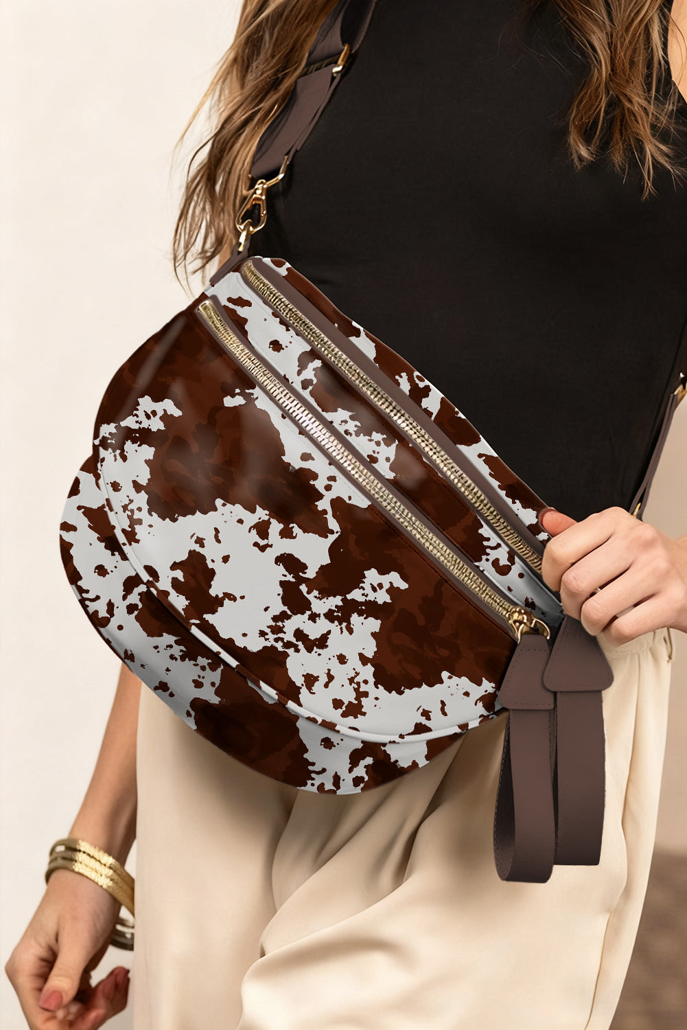Black Floral Printed Double Zip Crossbody Bag