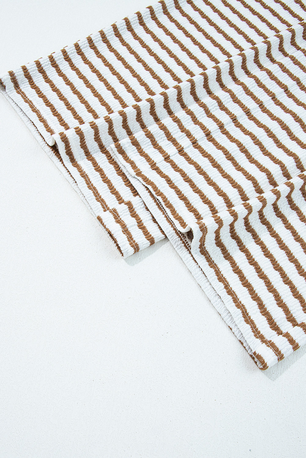 Khaki Stripe Plus Size Collared V Neck Loose Pullover Drawstring Elastic Waist Wide Leg Pant Set