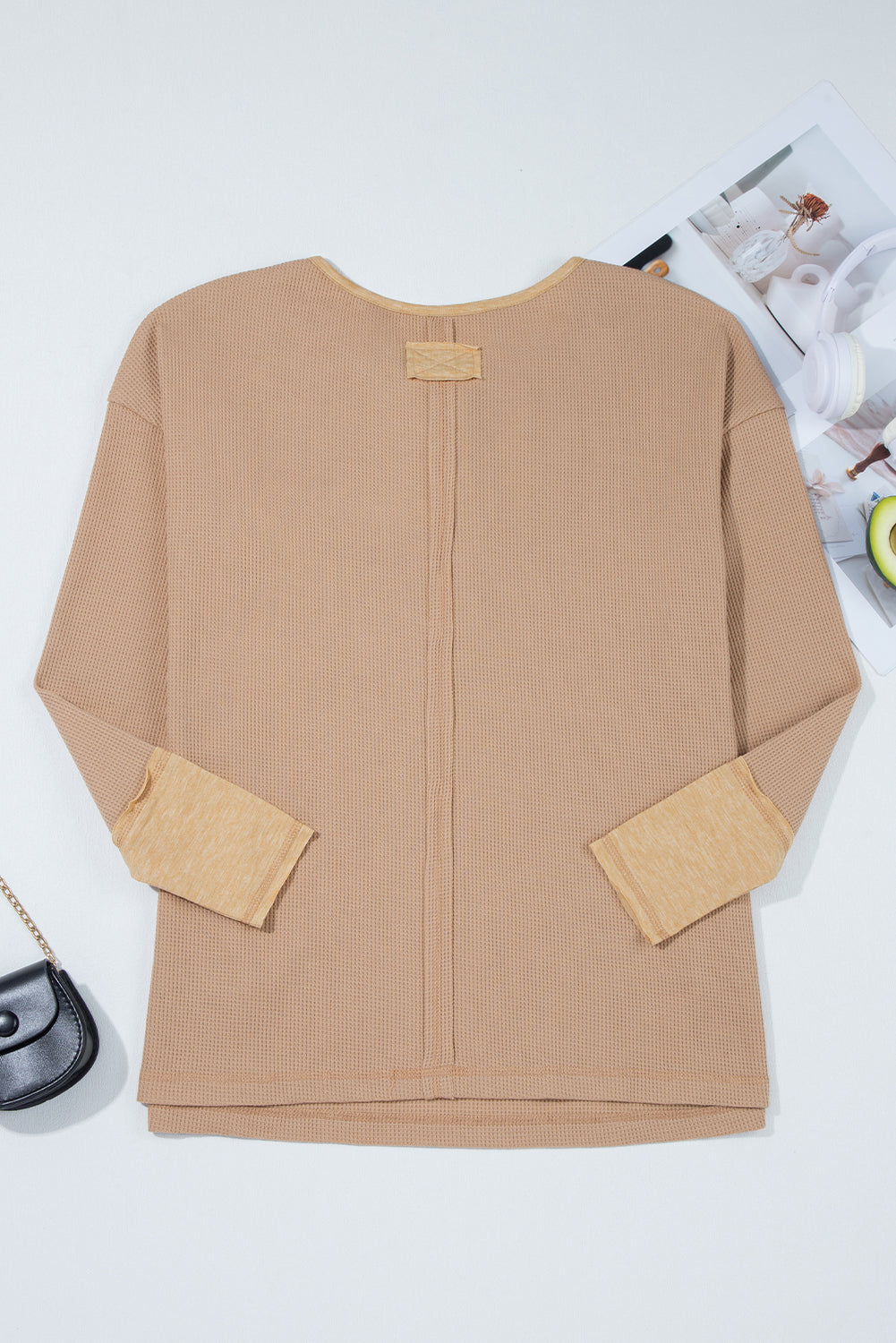Vineyard Green Color Block Waffle Textured Tunic Henley Top with Slits