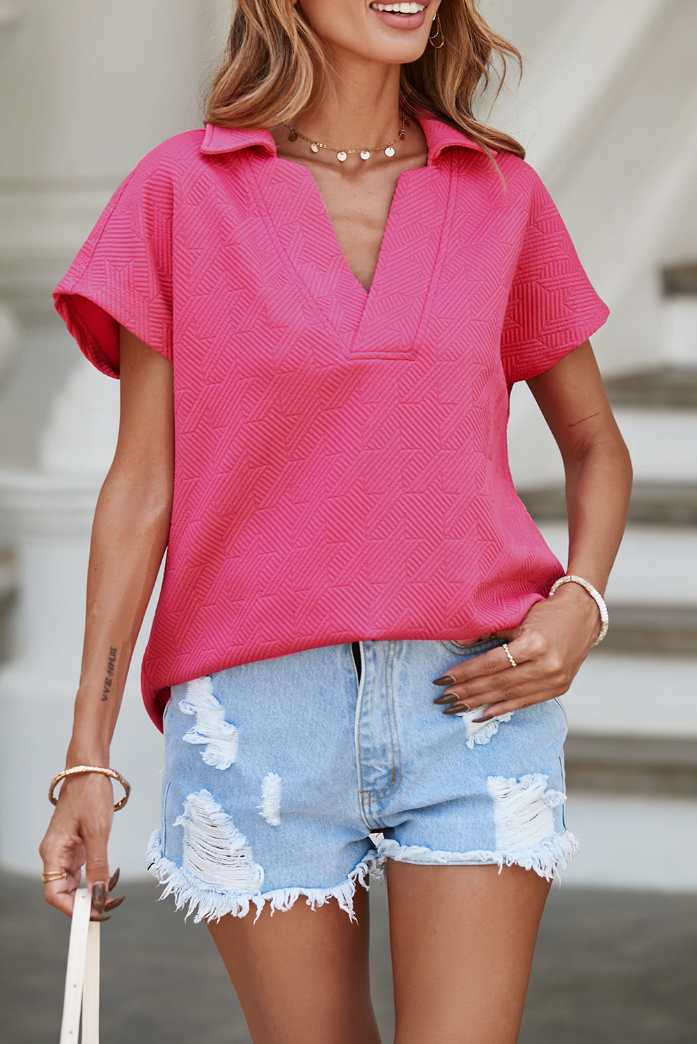 Rose Red Textured V Neck Collared Short Sleeve Top