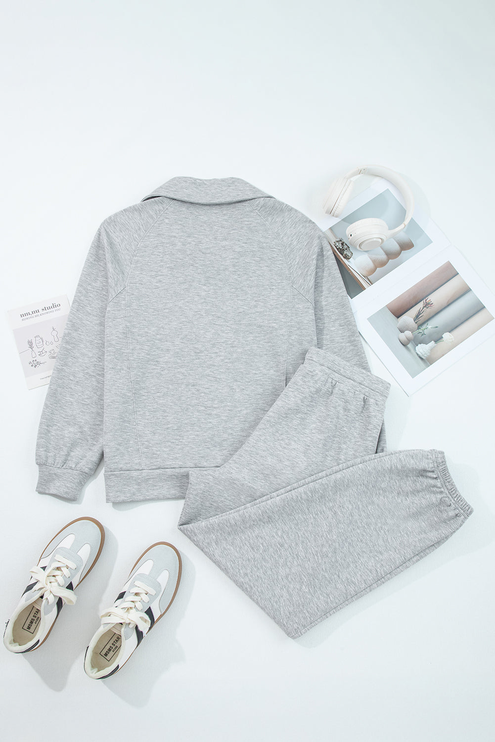 Black Zip Collar Long Sleeve Top Drawstring Pants Set