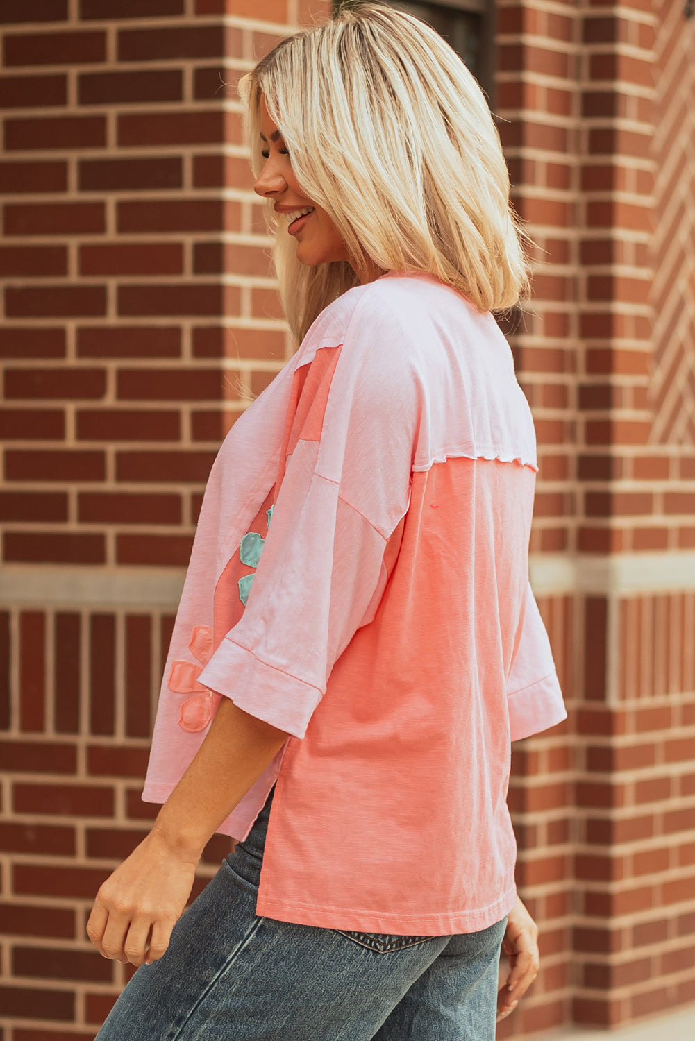 Light Blue Flower Patched Exposed Seam Bracelet Sleeve Oversized T Shirt