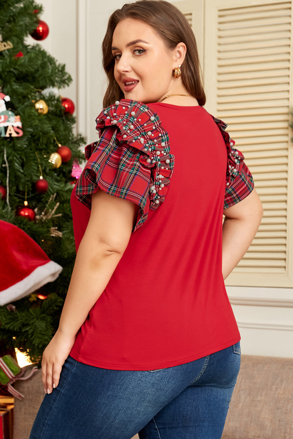 Red Festive Plaid Pearl Embellished Ruffle Short Sleeve Blouse