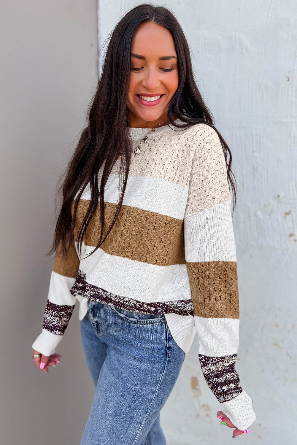 Green Mixed Texture Knit Striped Color Block Loose Sweater