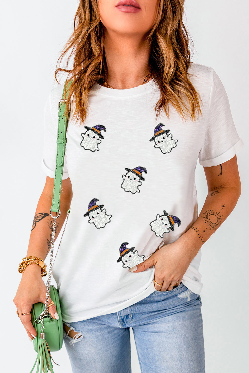 Wisteria Glitter Trim Chenille Ghost Patched Halloween Graphic Tee