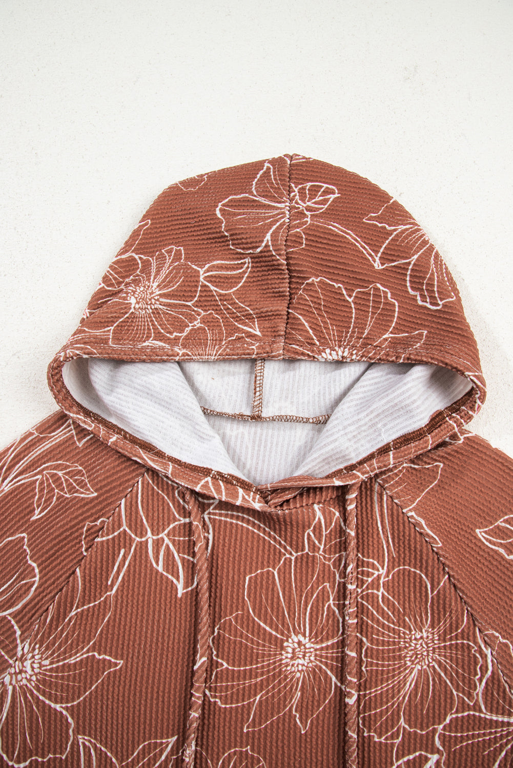 Brown Floral Twisted Rib Drawstring Kangaroo Pocket Hoodie