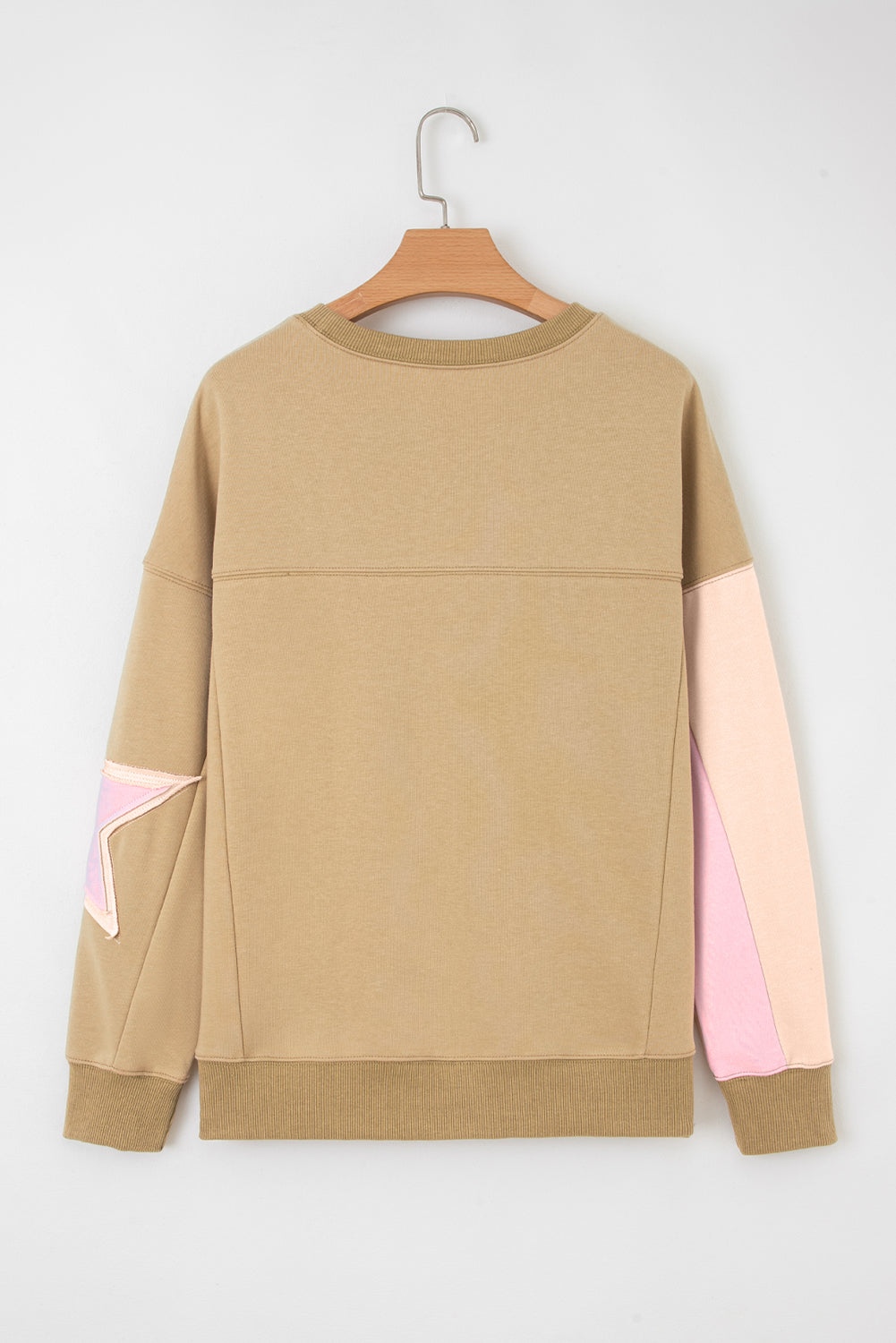 Rose Pink Contrast Star Patchwork Exposed Seam Uneven Hem Drop Shoulder Sweatshirt