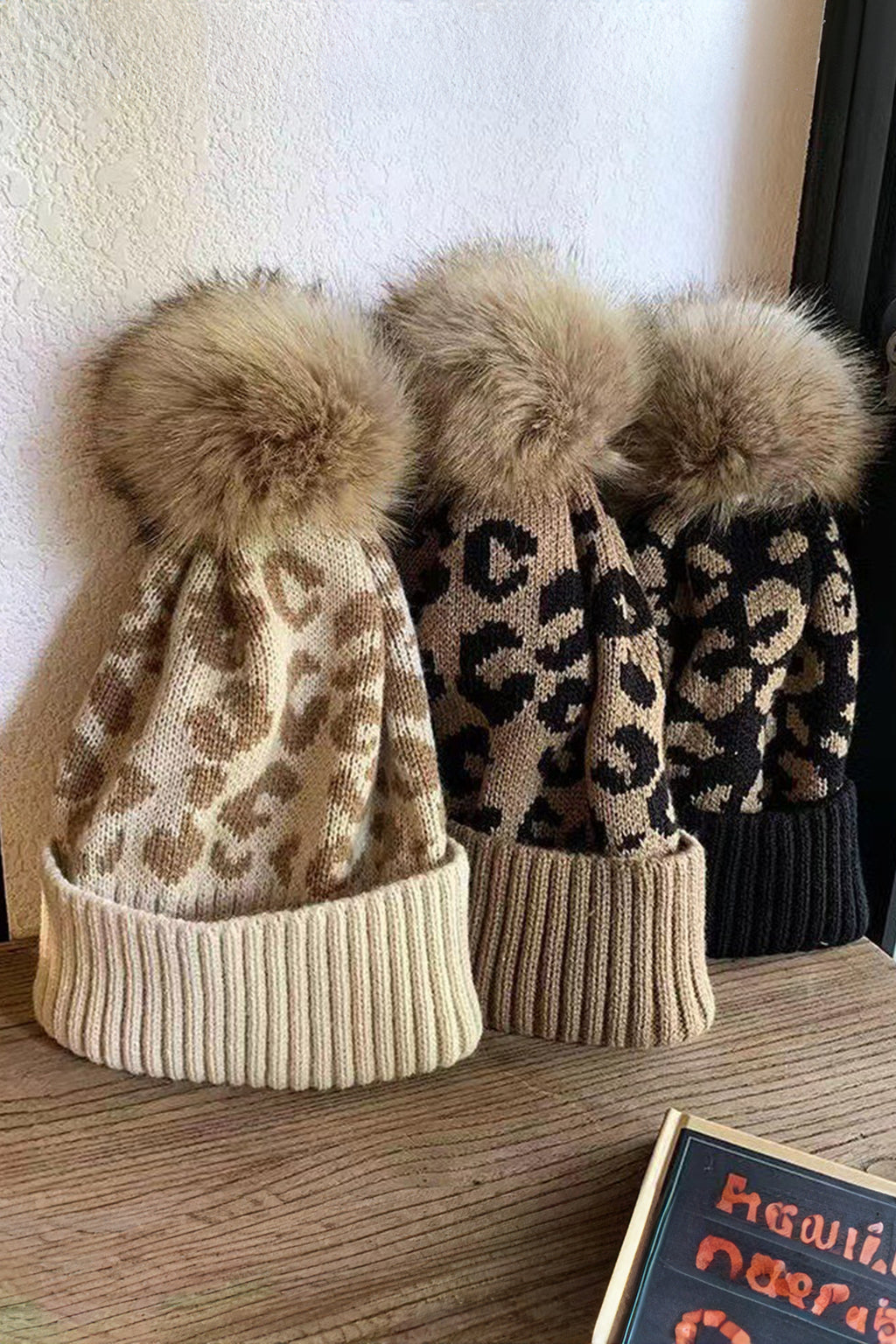 Light French Beige Faux Fur Pompom Leopard Knit Beanie