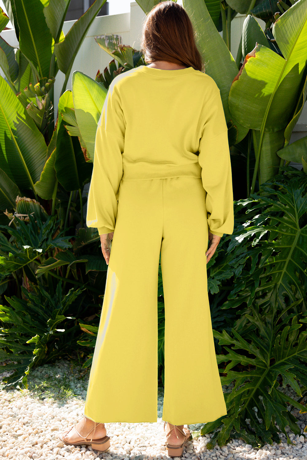 Bright Green Drop Shoulder Puff Sleeve Crop Pullover Drawstring Wide Leg Pants Set
