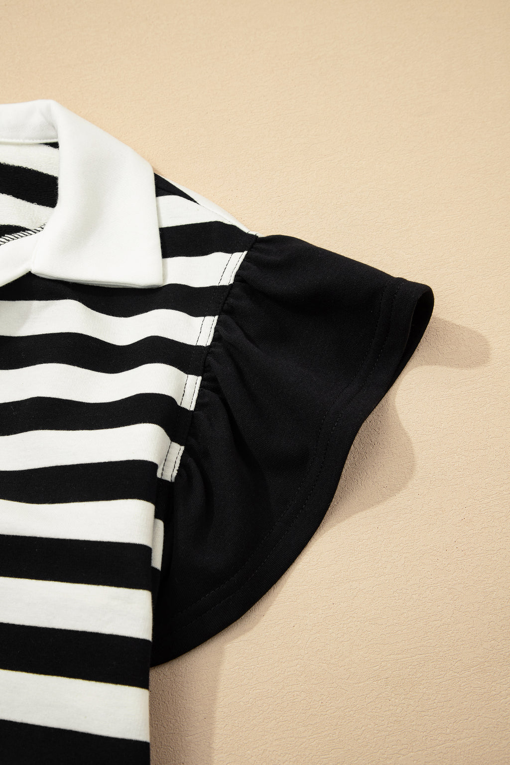 Pink Stripe Collar V Neck Ruffled Short Sleeve Blouse