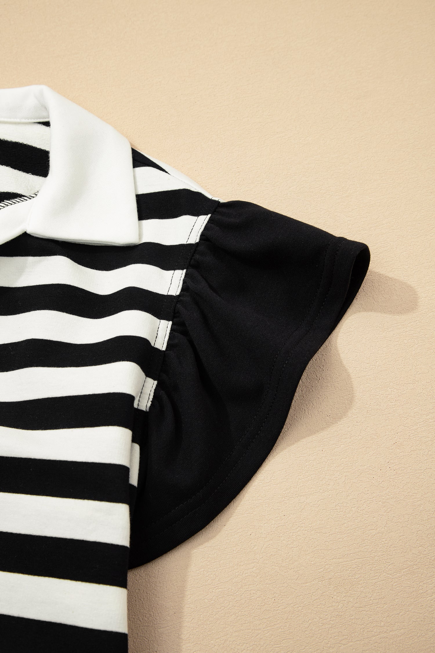 Pink Stripe Collar V Neck Ruffled Short Sleeve Blouse