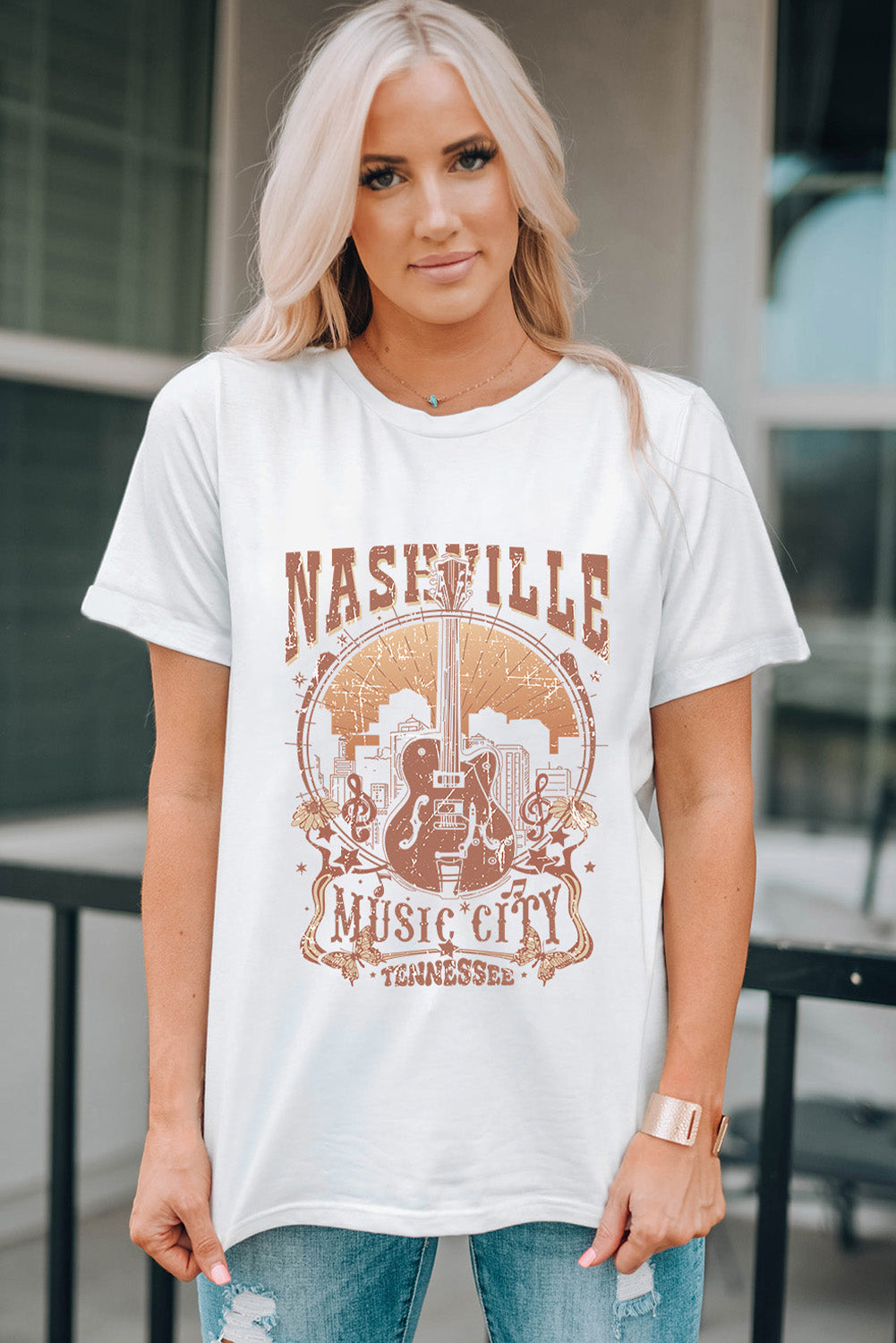 Black Country Music Crazy Print Crew Neck T Shirt