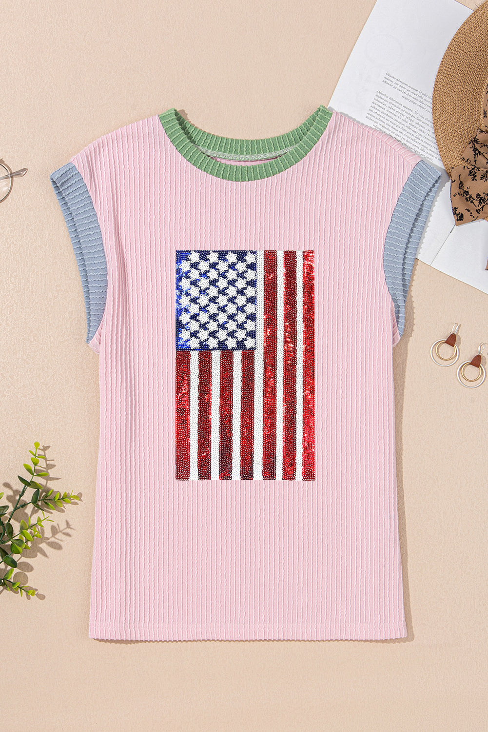 Pink Colorblock Edge Twisted Rib Texture Sequin American Flag Casual T Shirt