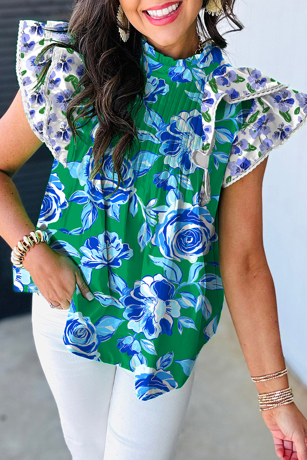 Green Floral Print Lace Trim Contrast Ruffle Sleeve Pleated Loose Blouse