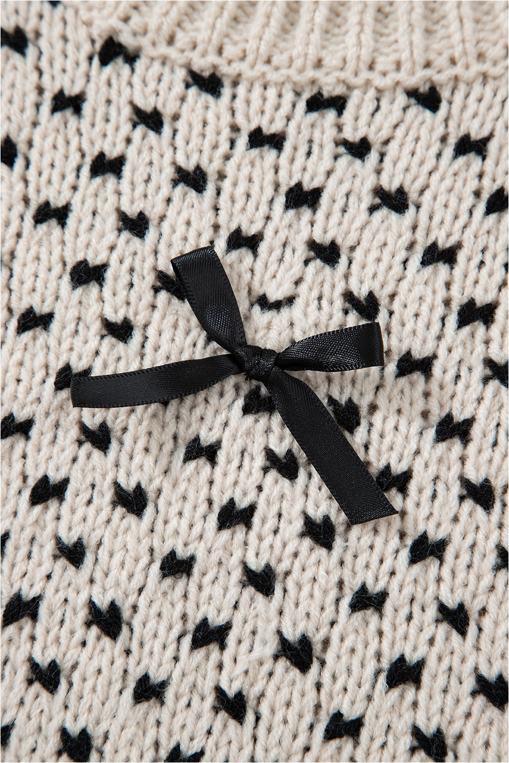 Beige Bow Decor Color Contrast Ribbed Edge Crew Neck Sweater