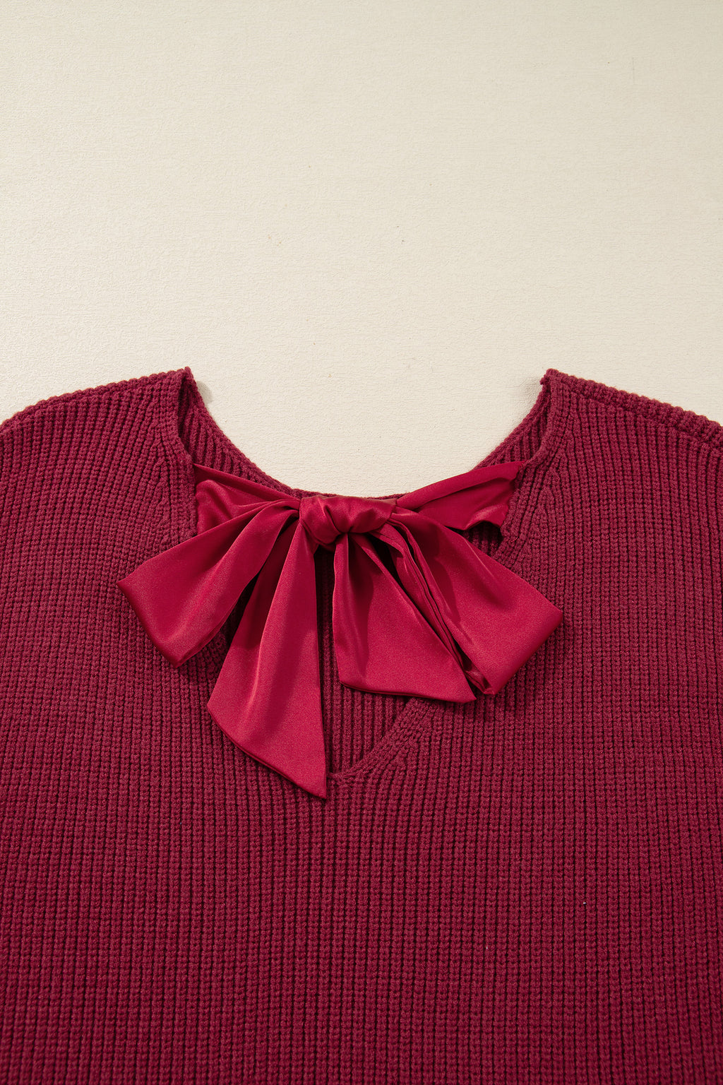 Black Ribbed Knit Ribbon Knot Backless Drop Shoulder Sweater
