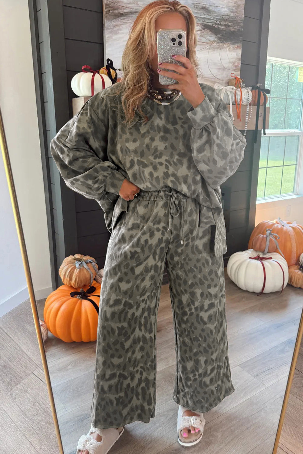 Brown Leopard Loose Tee Drawstring Waist Barrel Pants Set