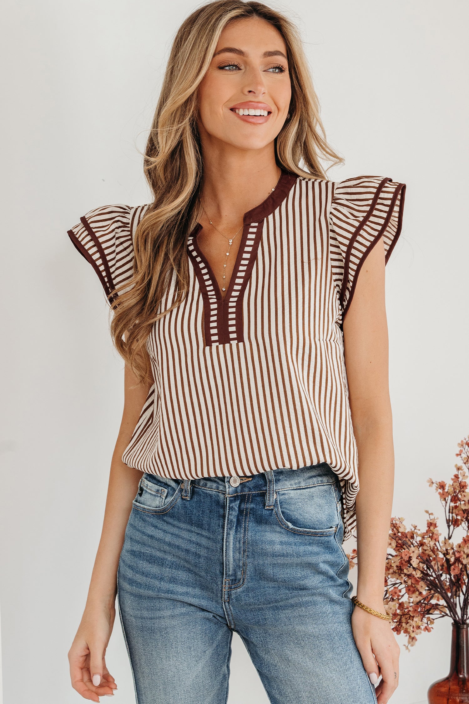Brown Stripe Double Ruffled Short Sleeve Contrast Trim V Neck Midi Dress