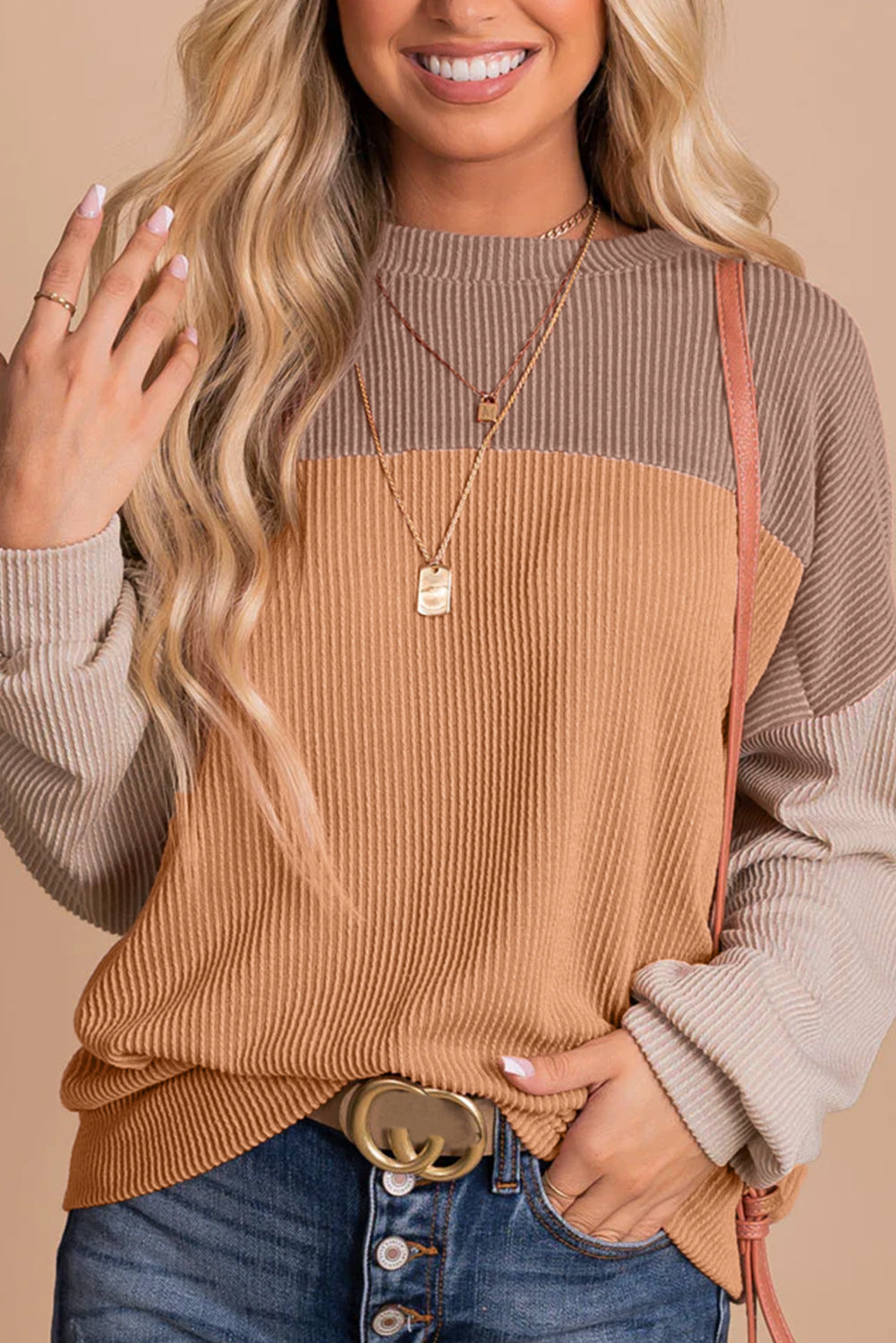 Pale Chestnut Color Block Corded Long Sleeve Top