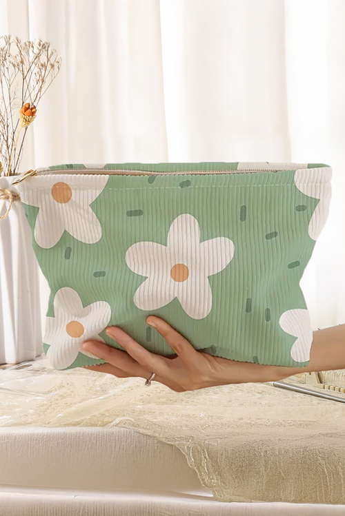 Aruba Blue Flower Print Zipper Corduroy Big Cosmetic Bag
