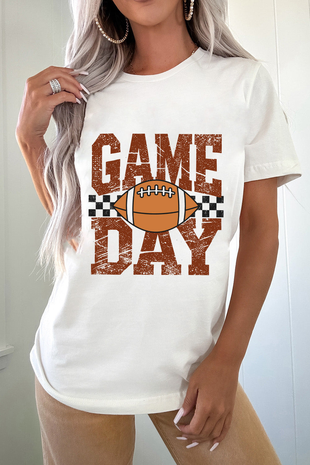 White GAME DAY Checkered Rugby Print Vintage Graphic Tee